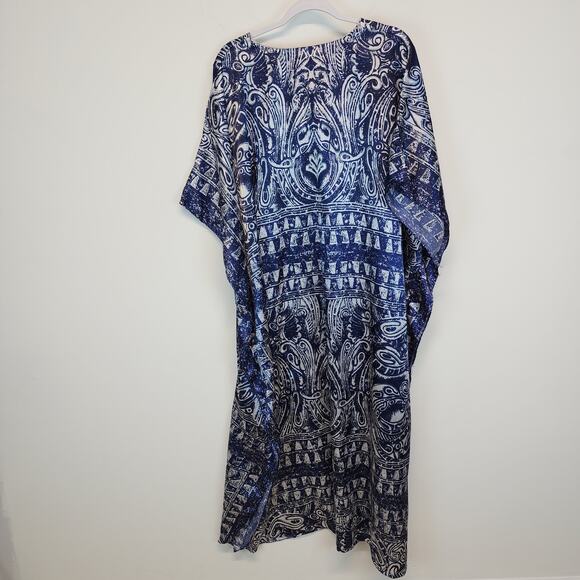 Vintage Winlar Satin Kaftan Moo Moo Mumu Porch Dress Blue Geometric One Size - Picture 5 of 9